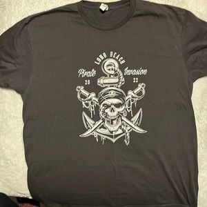 Black short sleeve shirt with Lang Beach Pirate Invasion 2022 logo on front